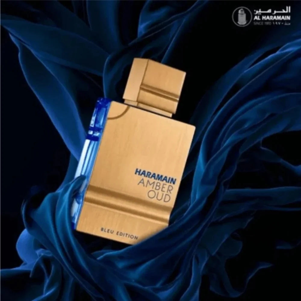 Unisex Al Haramain Amber Oud Blue Edition EDT spray bottle, 2oz/60ml, with elegant packaging and blue accents.