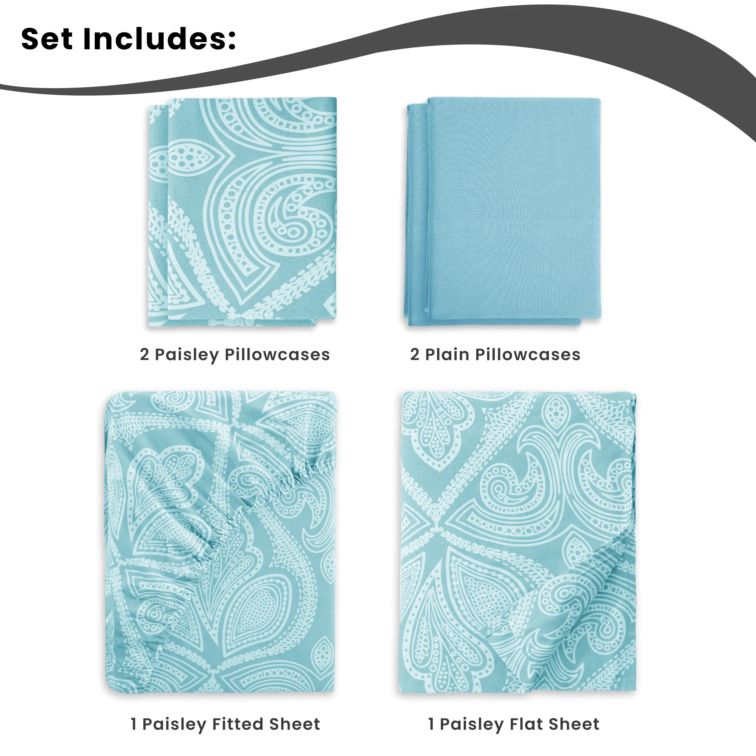 Lux Decor Paisley 6-Piece Queen Sheet Set featuring soft microfiber bedding with a paisley pattern and matching pillowcases.