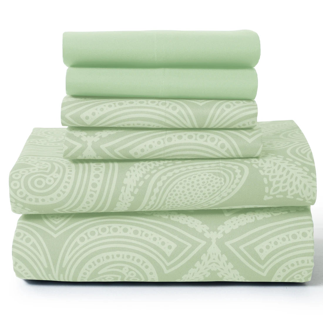 Lux Decor Paisley 6-piece queen sheet set in soft microfiber bedding with paisley pattern, includes fitted sheet, flat sheet, and pillowcases.
