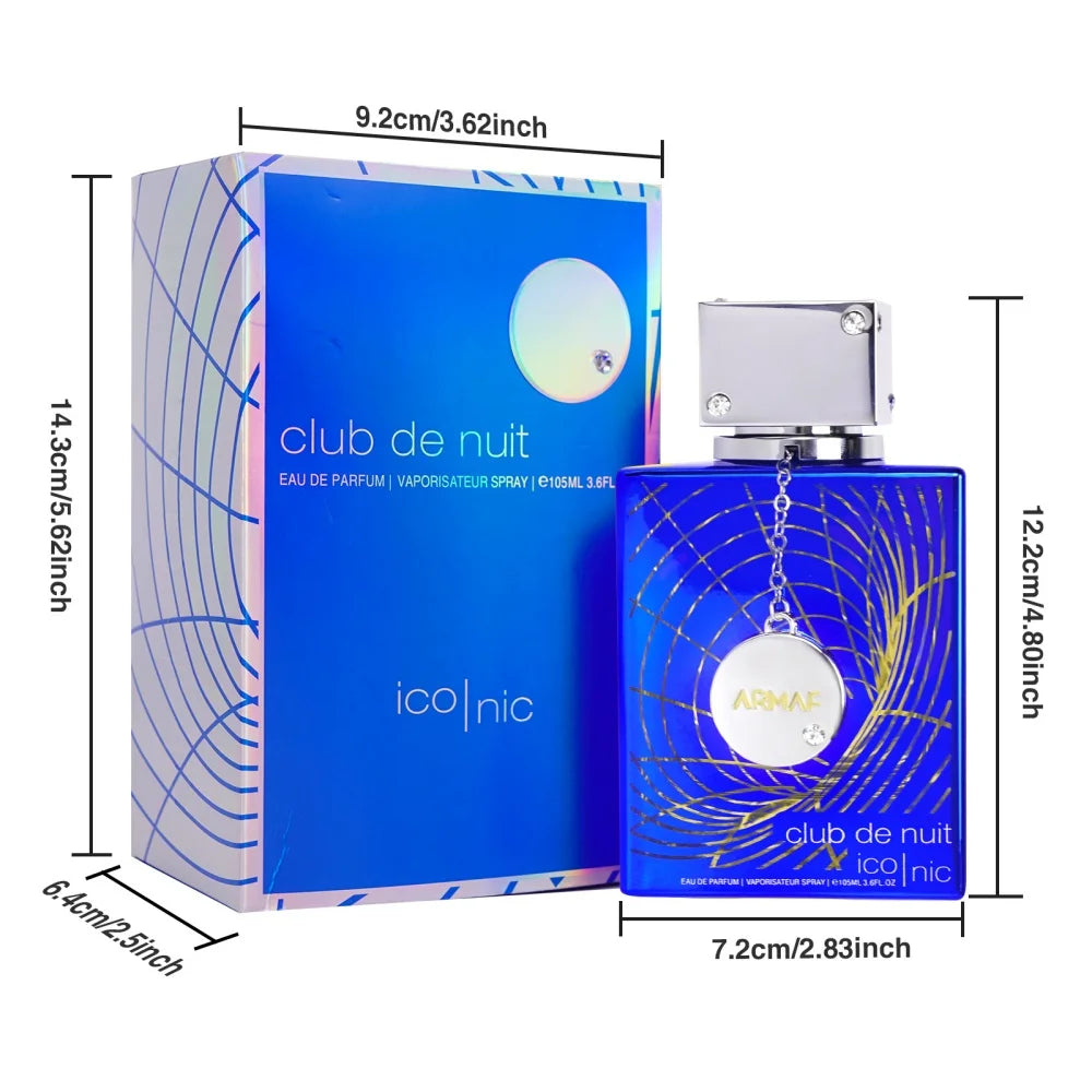 Armaf Club de Nuit Blue Iconic men's Eau de Parfum bottle, 3.6 oz, featuring sleek blue design and modern cologne packaging