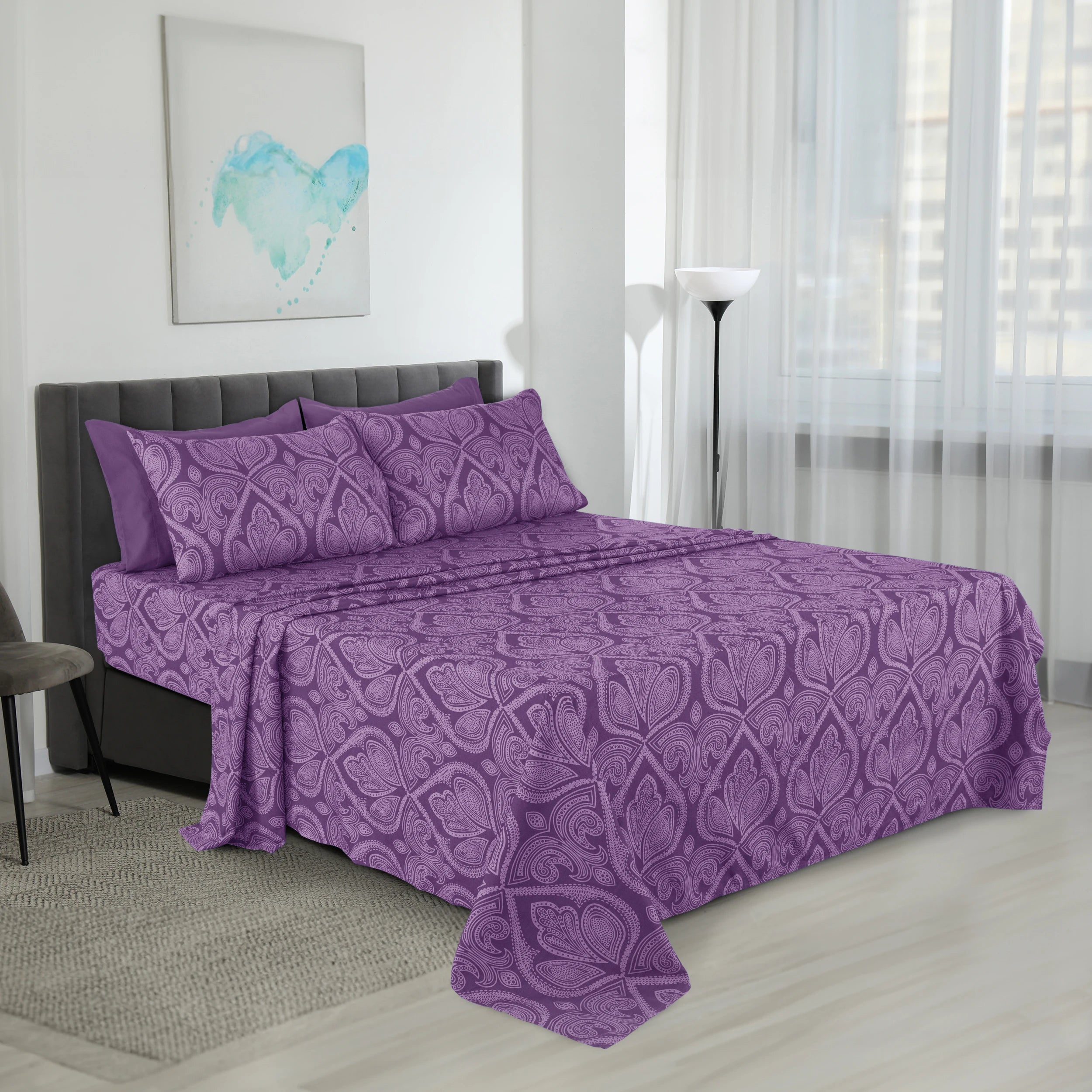 Lux Decor Paisley 6-piece queen sheet set in soft microfiber bedding with a paisley pattern, featuring fitted sheets, flat sheet, and pillowcases.