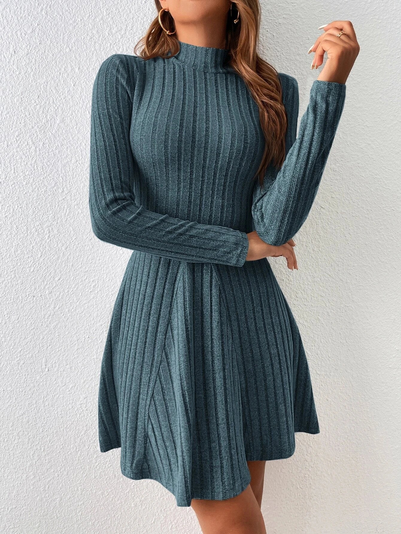 Mia Muse women's long sleeve mock neck A-line mini casual dress in soft fabric, shown on a model.