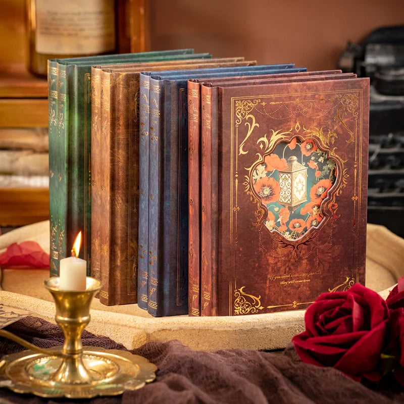 Vintage style Mr.Paper notebook set with gold foil accents, featuring 192 retro stationery pieces arranged in a colorful display.