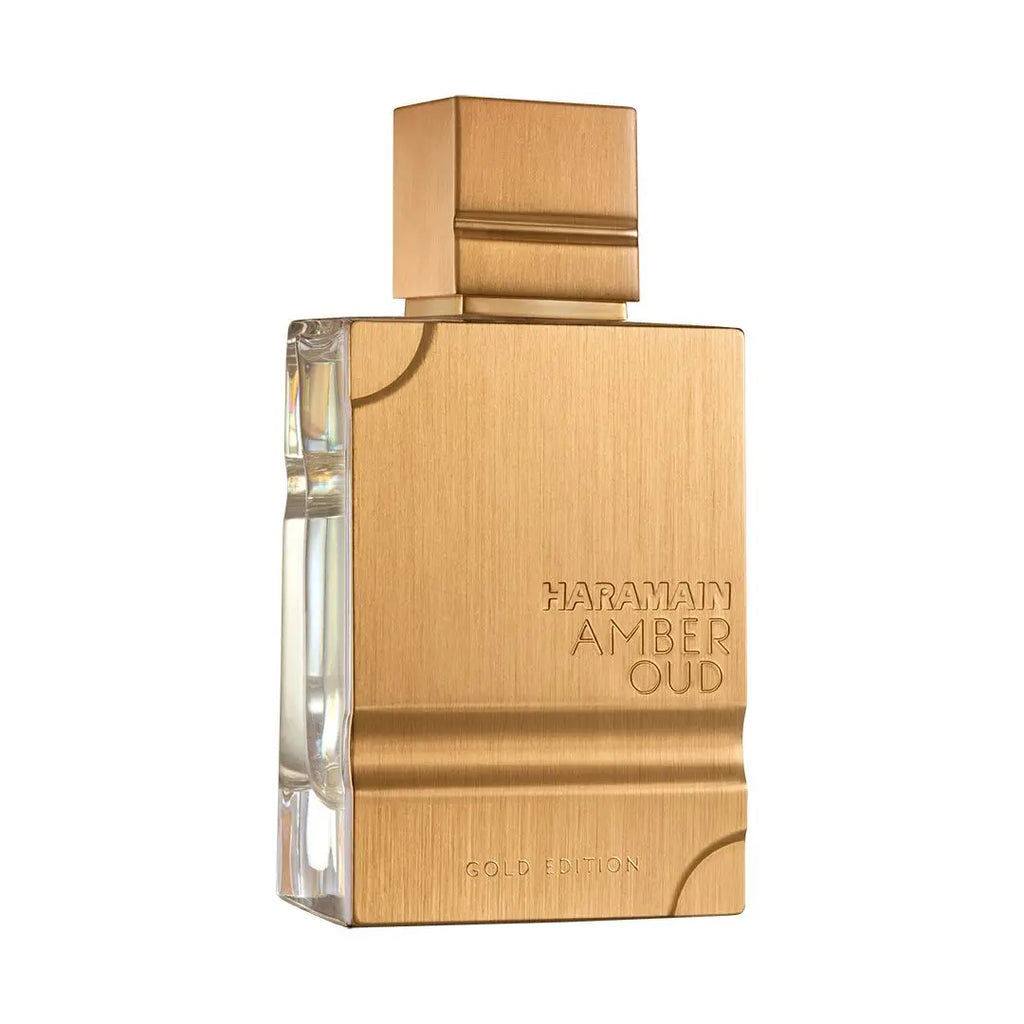 Haramain Gold Edition Amber & Oud Eau De Parfum 60ml bottle, luxurious perfume with gold accents and elegant design.