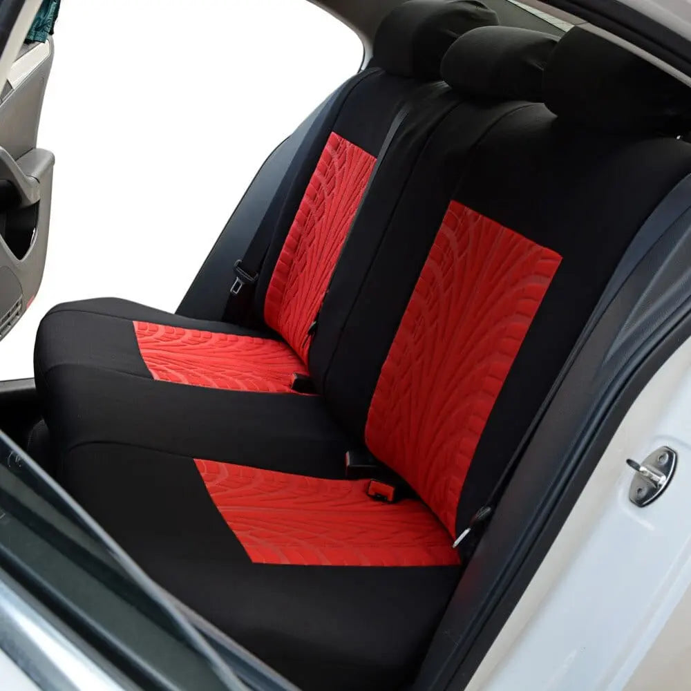 Universal car seat covers by AUTOYOUTH in tire track style, showing four color options on vehicle seats.