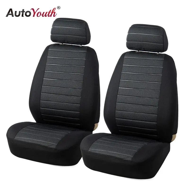 AUTOYOUTH universal front car seat covers with jacquard checkered pattern, airbag compatible for most cars and SUVs.