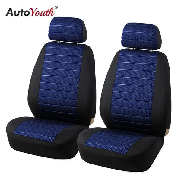 Universal front car seat covers by AUTOYOUTH in jacquard checkered pattern, airbag compatible for most cars and SUVs.