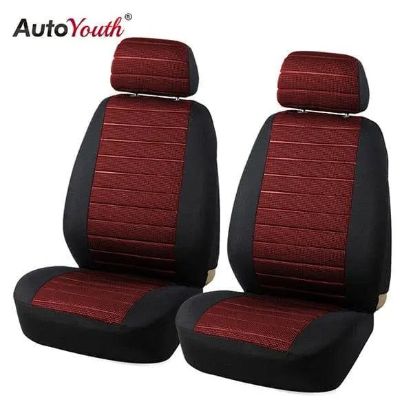 Universal front car seat covers by AUTOYOUTH with jacquard checkered pattern, airbag compatible, fits most cars and SUVs.