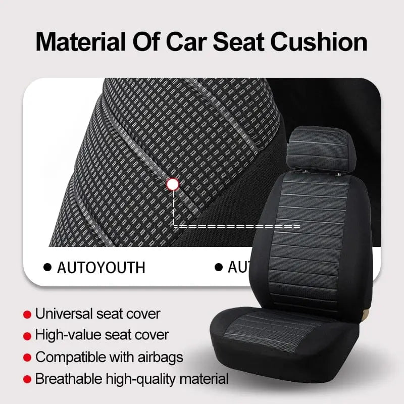 Universal front car seat covers by AUTOYOUTH with jacquard checkered pattern, airbag compatible, fits most cars and SUVs.