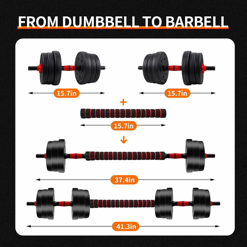 Showlu adjustable dumbbell to barbell set for strength training, featuring 44lbs of weight plates and bars for versatile workouts.
