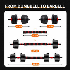 An adjustable dumbbell set that converts into a barbell with a connecting rod.