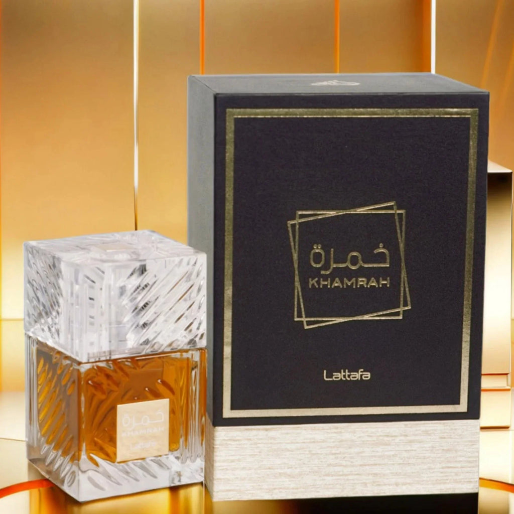 Lattafa Khamrah unisex spicy vanilla perfume spray, 3.4 oz, with warm, rich fragrance and elegant bottle design