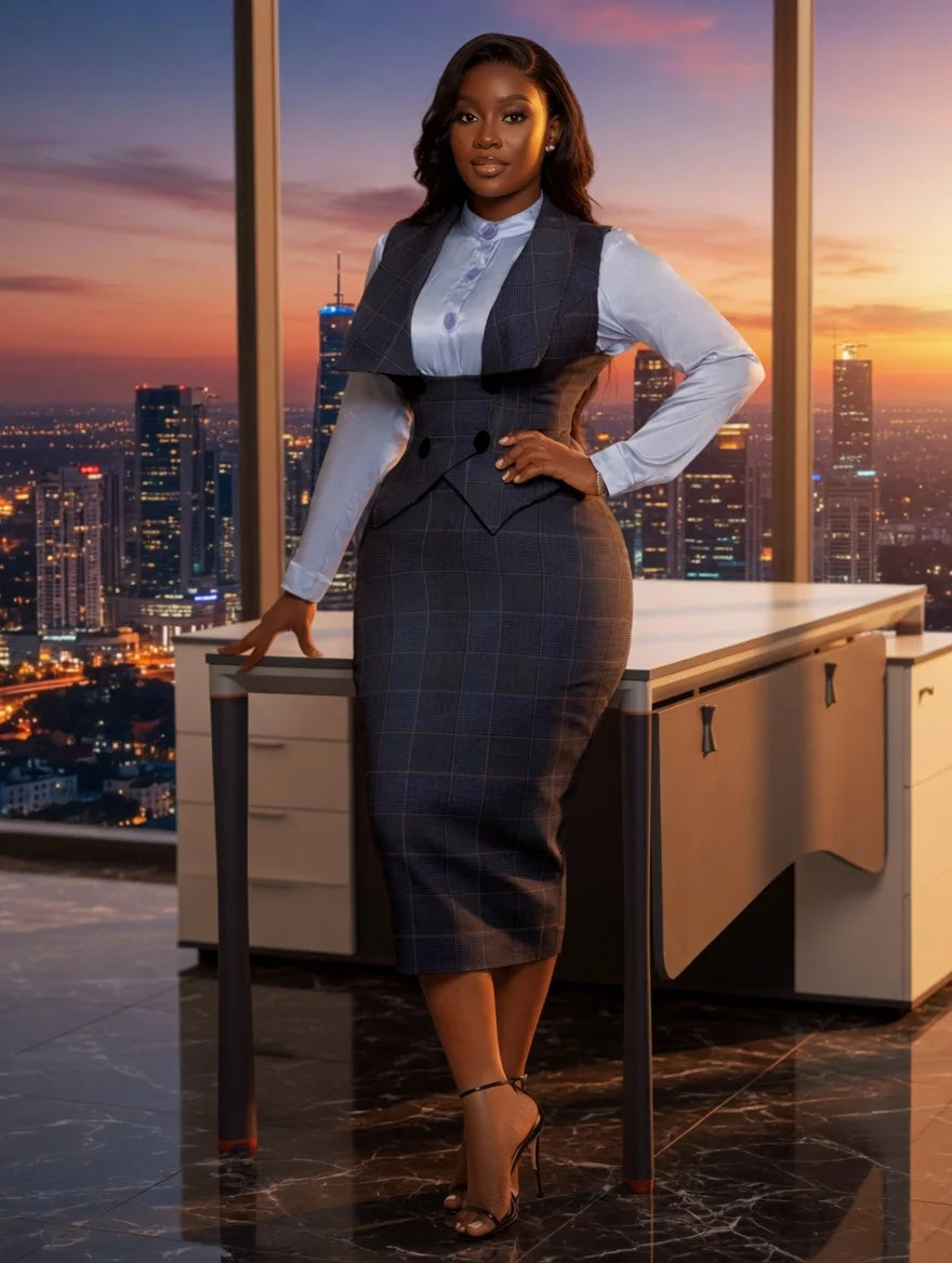 New Sexy Button-Down Plaid Pencil Skirt Slim Fit 2-Piece Set | Women's Seasonal Plaid Sleeveless Vest + High-Waisted Skirt Set | Sophisticated Commuter Design, Creates a Professional Image, Suitable for Office Work and Busine