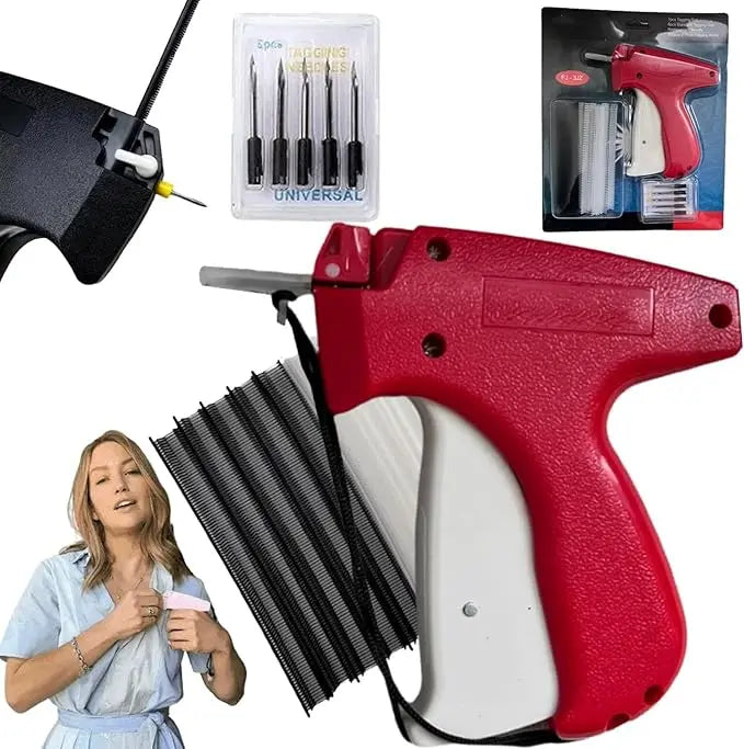 Micro stitch gun from Showlu Fashion Store for quick clothing repairs, shown with sewing needle and fabric.