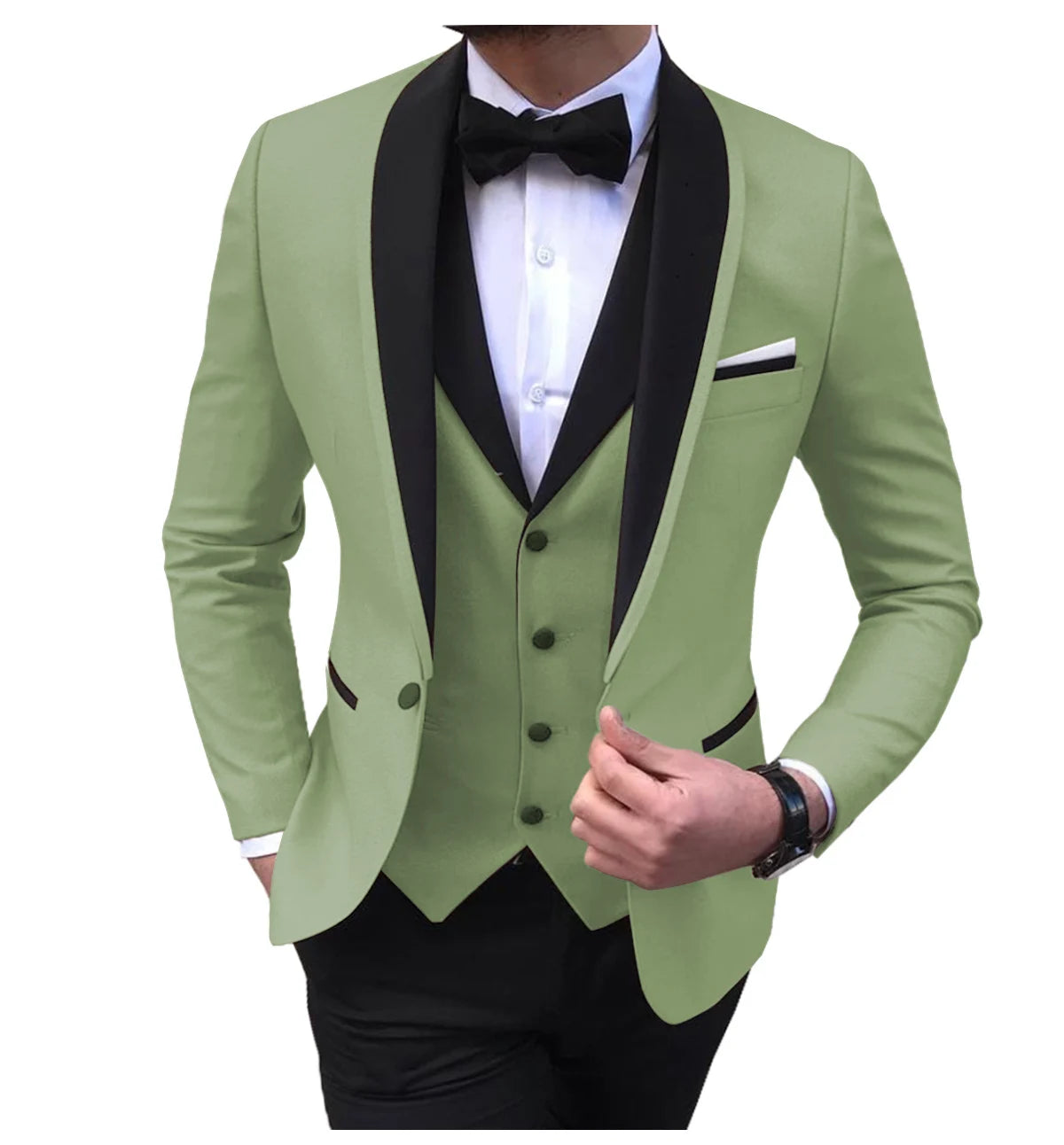 Blue slit men's suit by Showlu Smart General, three-piece tuxedo with blazer, vest, and pants, suitable for weddings and formal events.