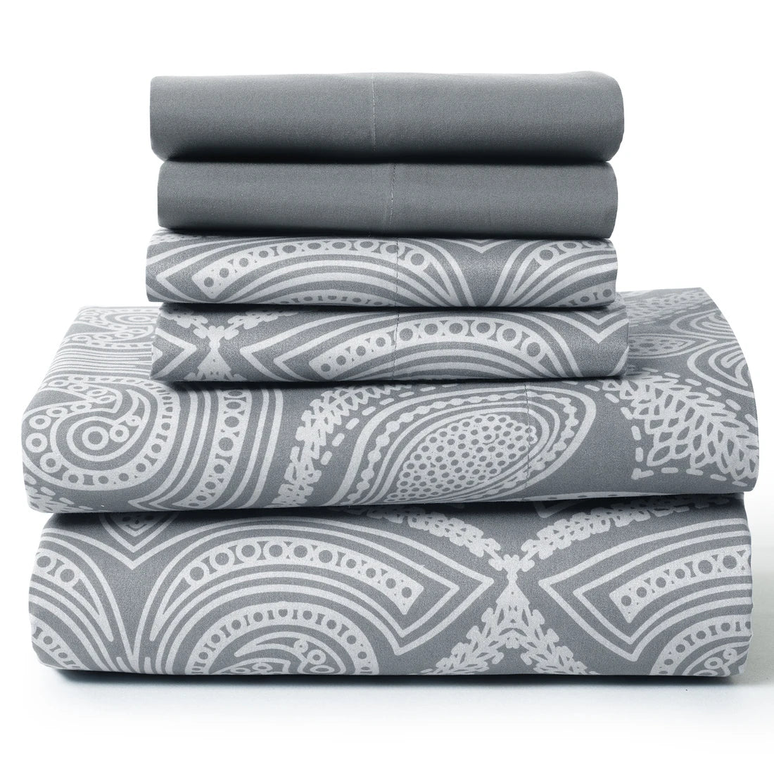 Lux Decor Paisley 6-piece queen sheet set in soft microfiber bedding with a paisley pattern, featuring bed sheets and pillowcases.