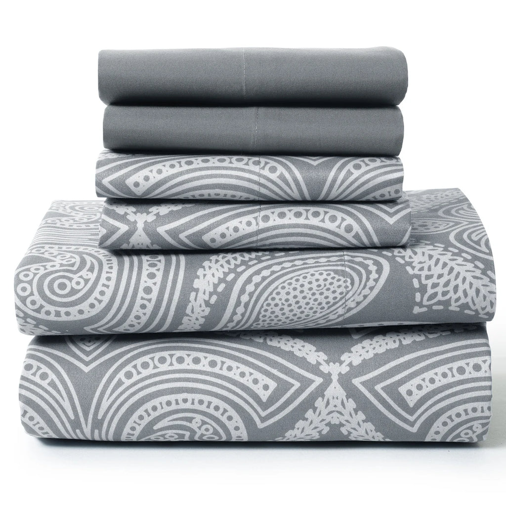 Lux Decor Paisley Sheet Set, 6-piece microfiber bedding set with paisley pattern in soft, comfortable fabric for a stylish bedroom.