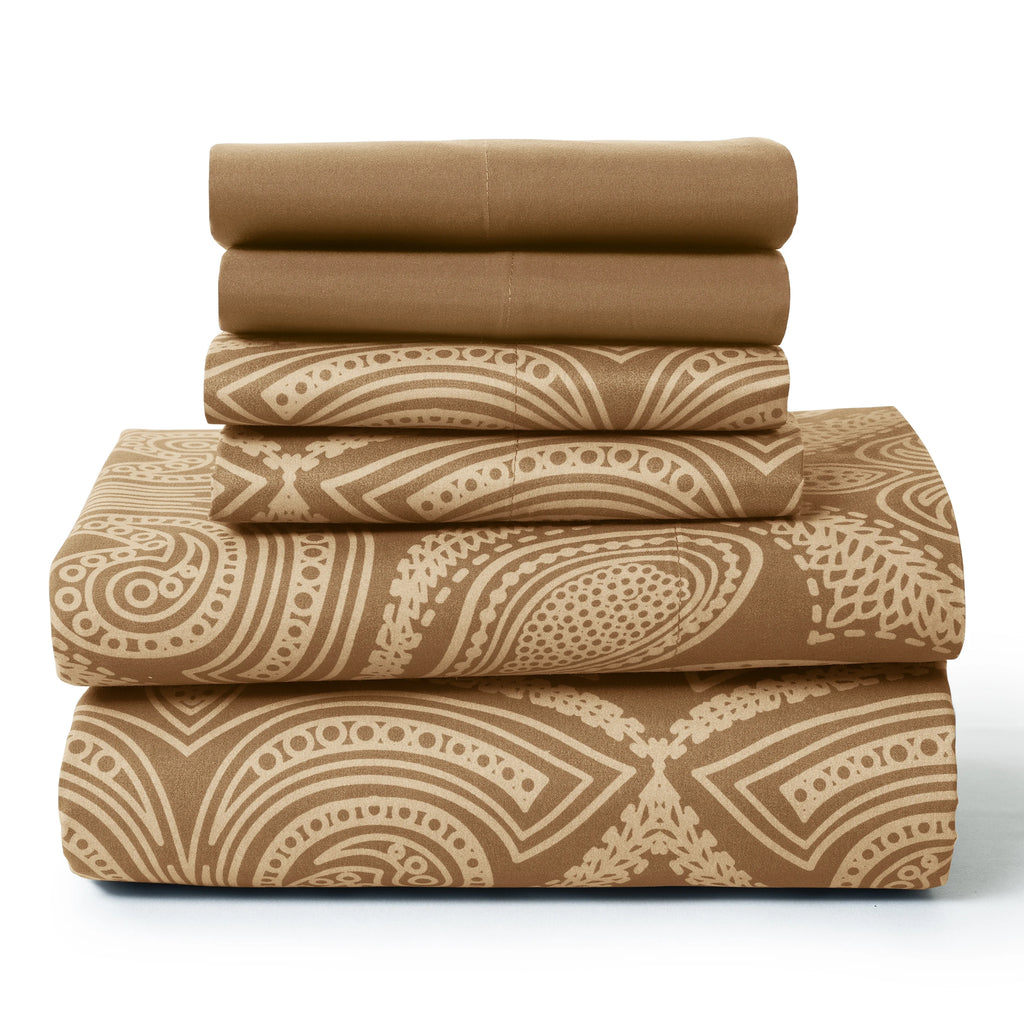 Lux Decor Paisley 6-piece queen sheet set in soft microfiber bedding with paisley pattern and matching pillowcases.