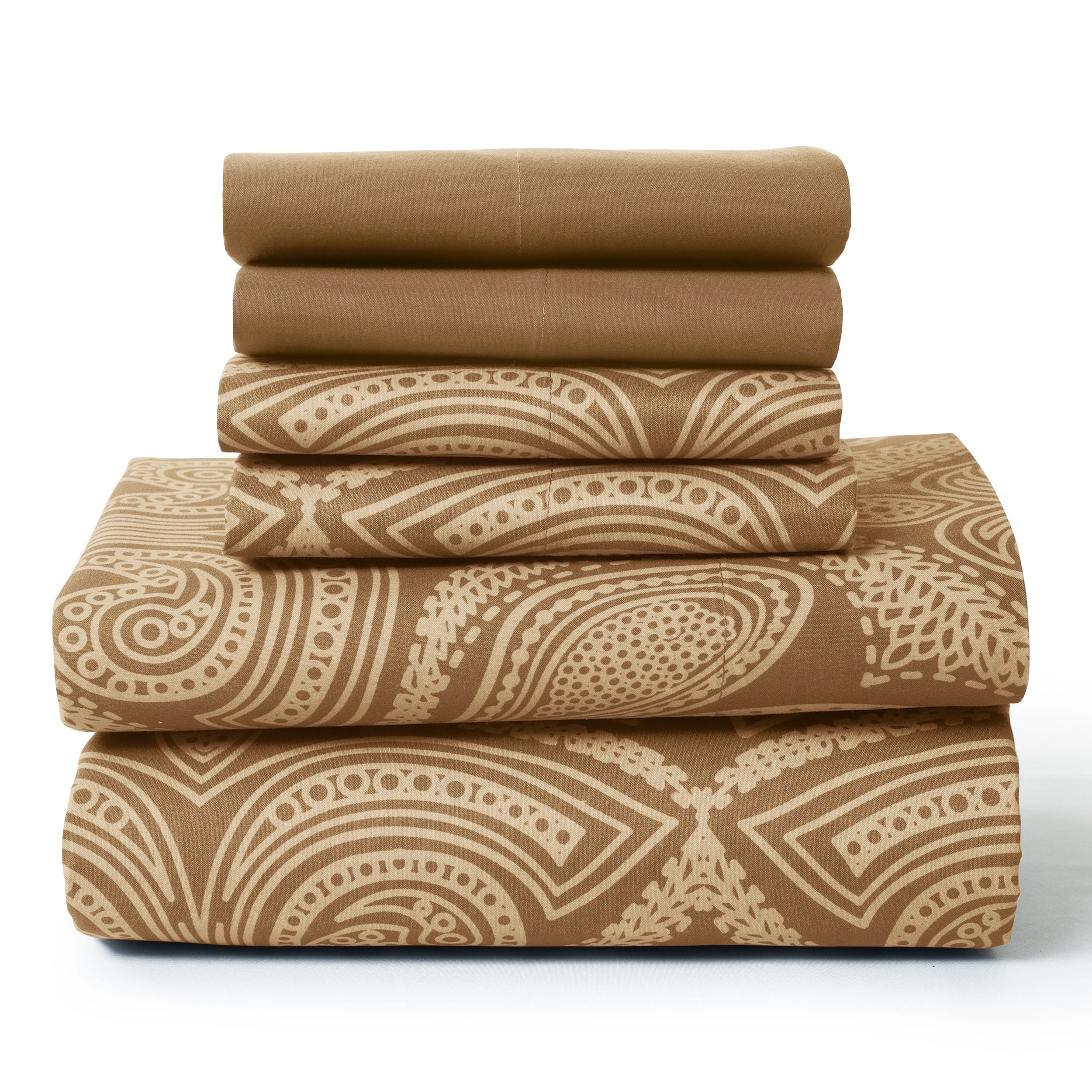 Lux Decor Paisley 6-piece queen sheet set in soft microfiber bedding with paisley pattern and matching pillowcases.