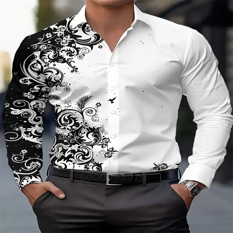Men's classic printed casual shirt by Showlu Fashion Store with long sleeves, breathable fabric, lapel collar, suitable for office and spring.