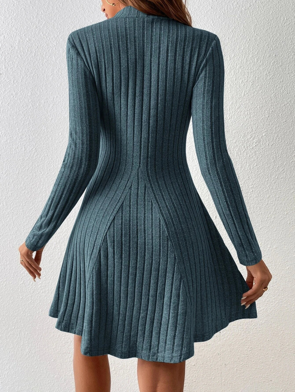 Mia Muse women's long sleeve mock neck A-line mini casual dress in black, stylish and comfortable for everyday wear