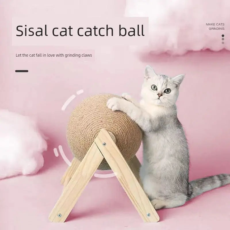 Solid wood cat scratch board with 3D rolling ball claw grinder, abrasion-resistant cat toy for scratching and claw maintenance.