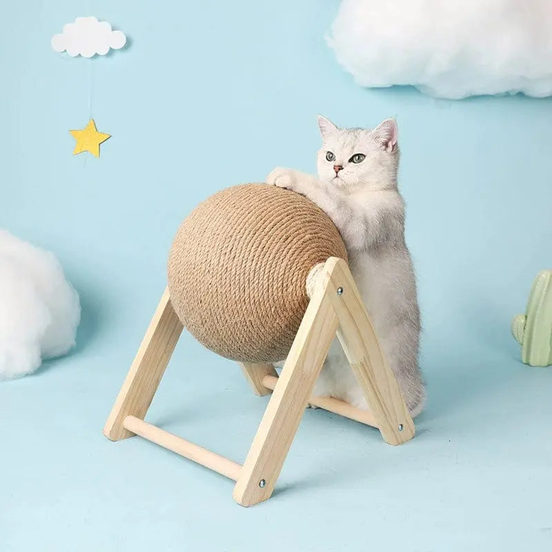Solid wood cat scratch board with 3D rolling ball claw grinder, abrasion-resistant and designed for feline claw grooming.