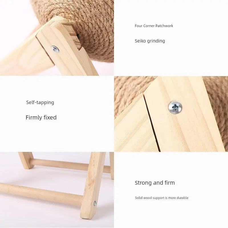 Solid wood cat scratch board with 3D rolling ball claw grinder, abrasion-resistant design, shaped like a cat's paw for scratching fun.