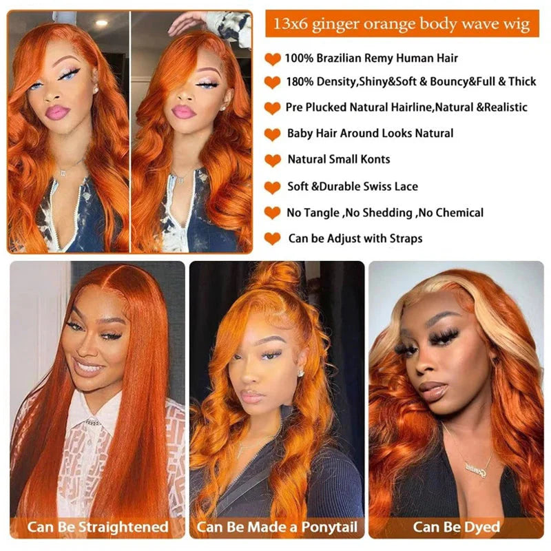 SHOWLU FASHION STORE ginger orange body wave lace front human hair wig with 13x6 lace front, natural waves and vibrant color.