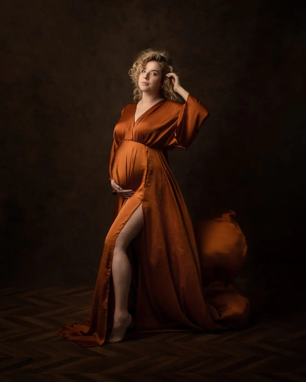 Showlu Boho Maternity Photography Dress with V-neck, lace details, and slit, designed for maternity photo shoots.