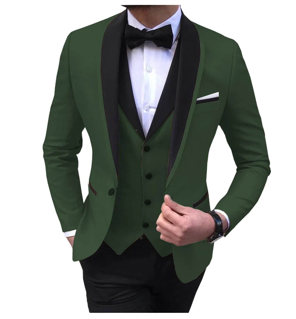Blue slit men's 3-piece suit by Showlu Smart General featuring a blazer, vest, and pants with black shawl lapel for formal occasions.