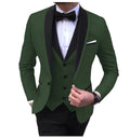 Blue slit men's 3-piece tuxedo suit with black shawl lapel, blazer, vest, and pants, suitable for weddings and formal events.
