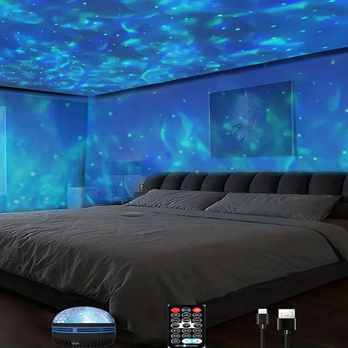 Showlu Fashion Store star projector displaying galaxy and ocean wave patterns with 7 colors for bedroom night light and room decor.