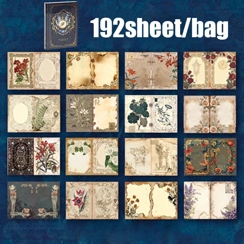 Vintage style Mr.Paper notebook set with 192 gold foil retro stationery pieces displayed in a colorful arrangement.
