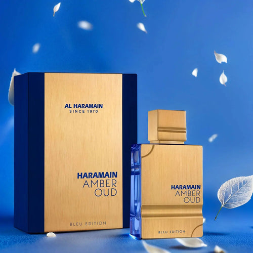 Unisex Al Haramain Amber Oud Blue Edition EDT spray bottle, 2oz/60ml, with blue and gold packaging details.