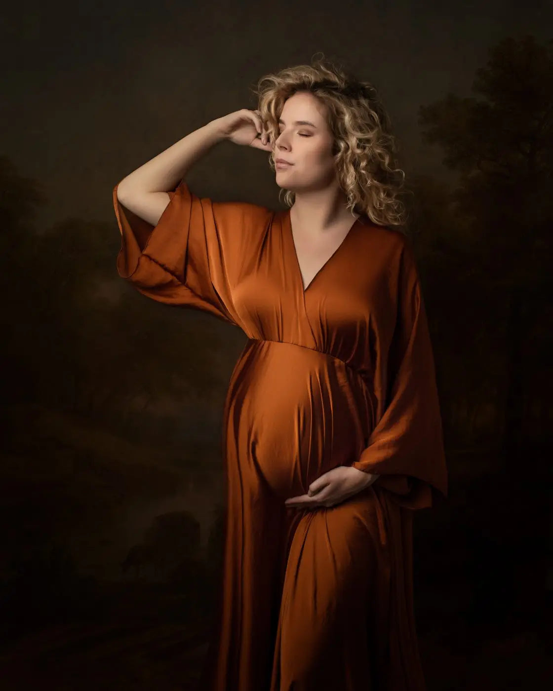 Showlu Boho maternity photography dress with V-neck, lace details, and side slit, perfect as a maternity photo prop.
