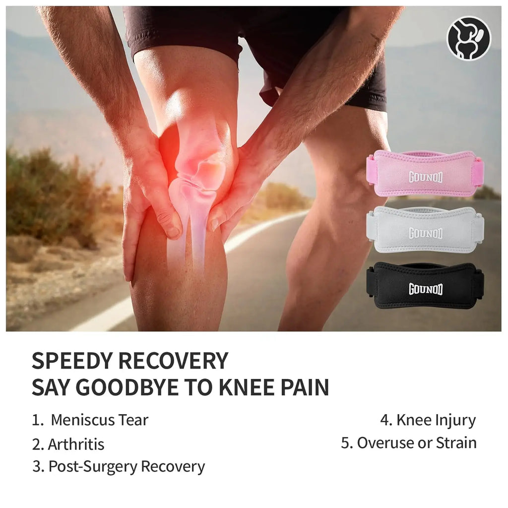 Pair of GOUNOD adjustable knee straps for running and sports, designed for pain relief and support during physical activity.