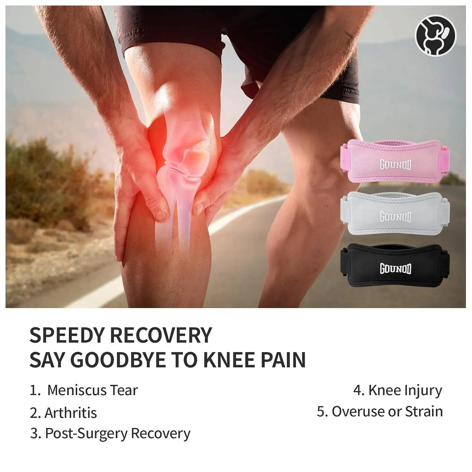 Pair of GOUNOD adjustable knee straps for running and sports, designed for pain relief and support during physical activity.