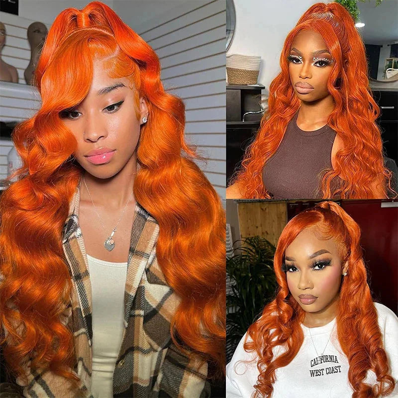SHOWLU FASHION STORE Ginger Orange Body Wave 13x6 lace front human hair wig, showcasing vibrant color and natural wave pattern.