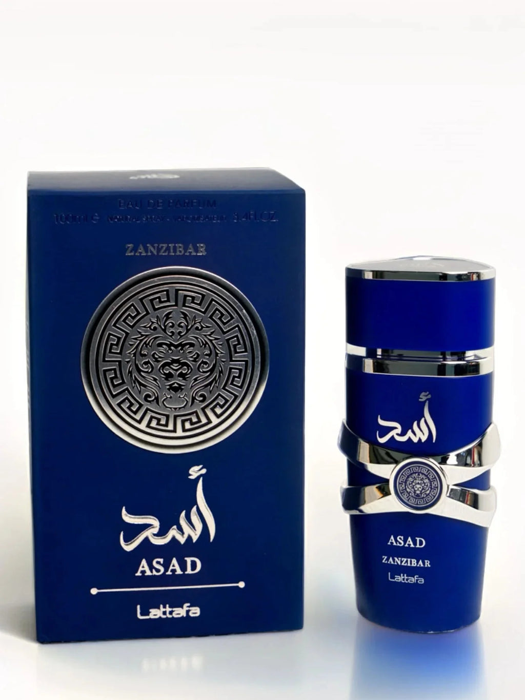 Men's Lattafa Asad Zanzibar Blue Edition Eau de Parfum spray in 3.4 oz bottle, featuring a stylish design and vibrant blue accents.