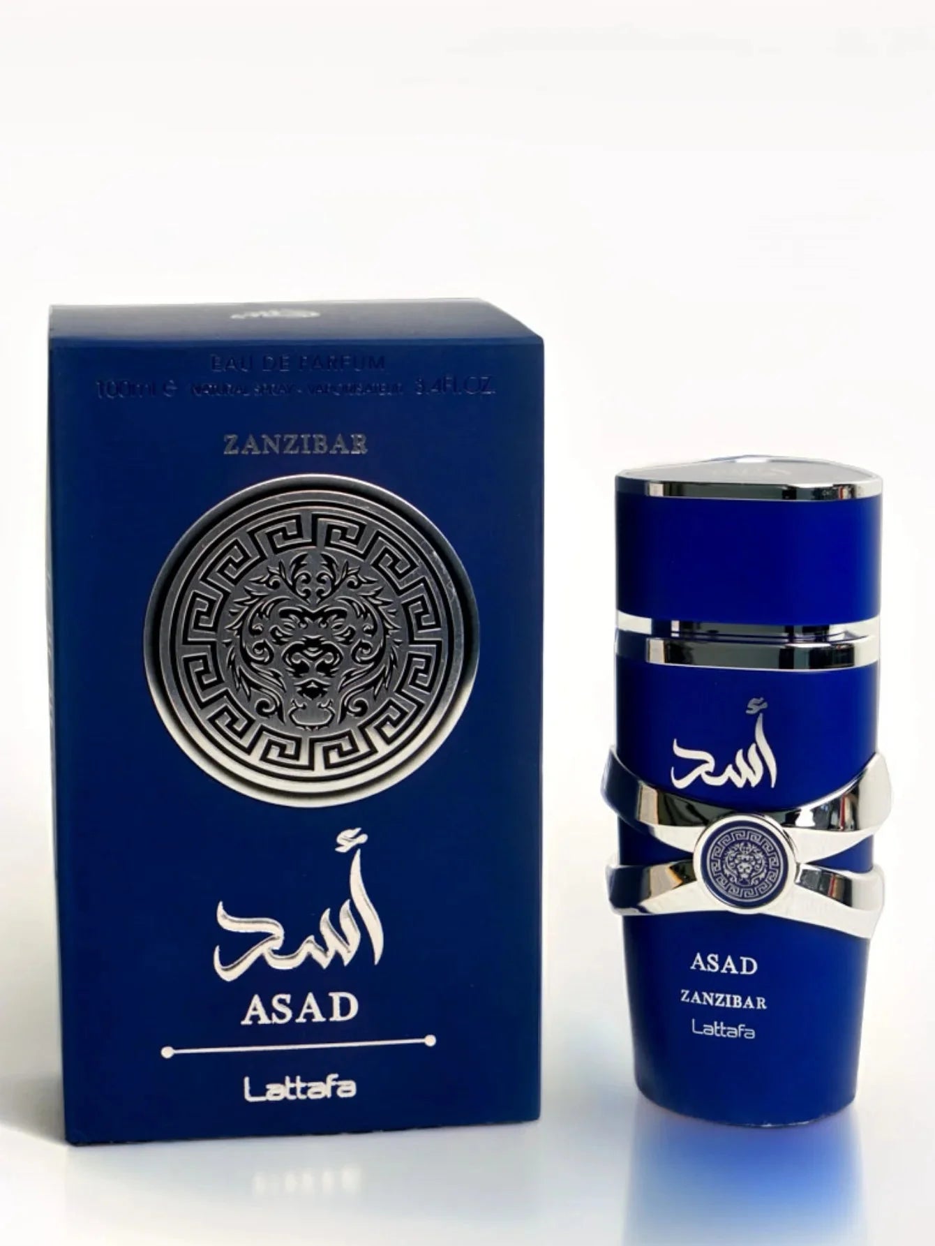 Men's Lattafa Asad Zanzibar Blue Edition Eau de Parfum spray in 3.4 oz bottle, featuring a stylish design and vibrant blue accents.