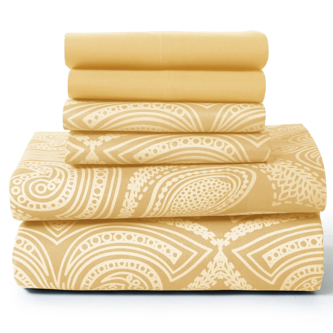 Lux Decor Paisley 6-piece queen sheet set in soft microfiber bedding with paisley pattern and matching pillowcases.