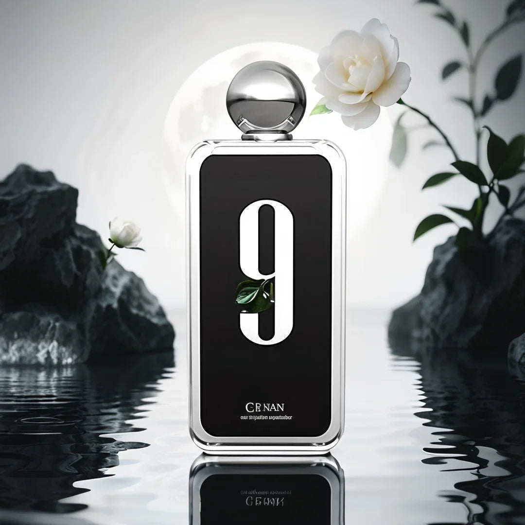 Afnan 9 PM Extrait de Parfum for Men, 100ml, featuring a floral fragrance bottle with elegant design and dark accents.