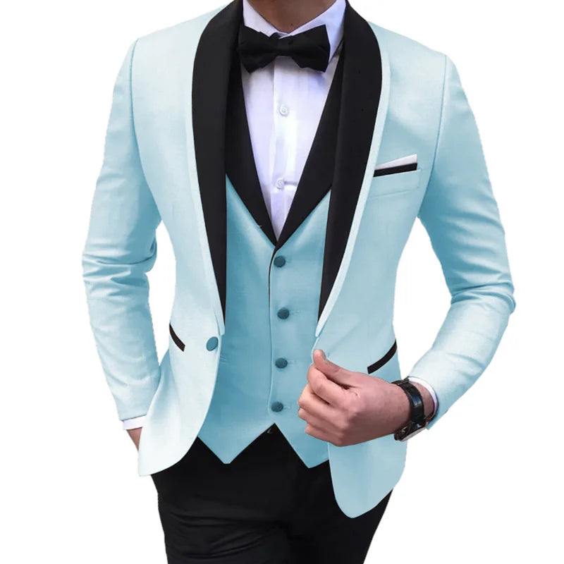 Showlu Smart General blue men's 3-piece suit with slit design, including blazer, vest, and pants, ideal for weddings and formal events.