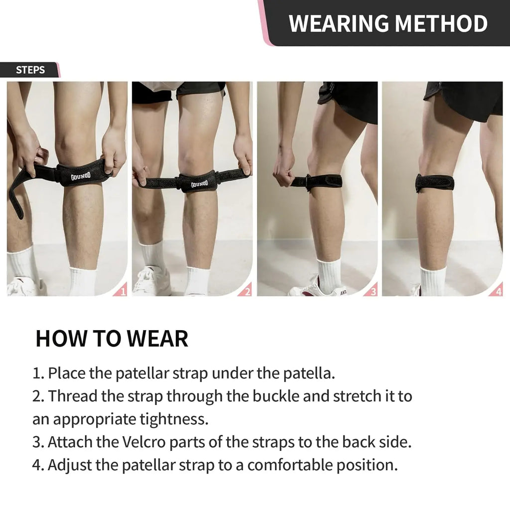 Pair of Showlu Fashion GOUNOD patella knee straps, adjustable sports knee supports for running and pain relief.