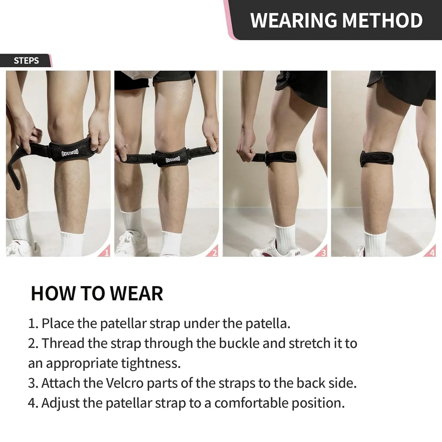 Pair of Showlu Fashion GOUNOD patella knee straps, adjustable sports knee supports for running and pain relief.