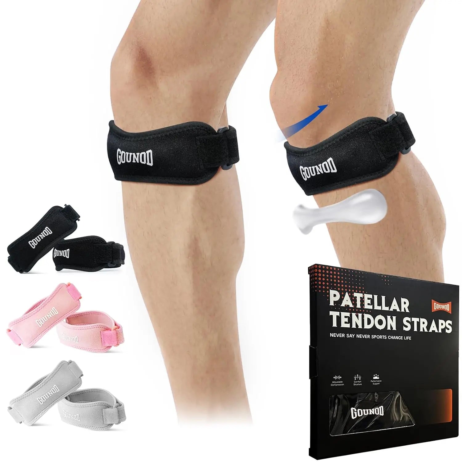 Pair of Showlu Fashion GOUNOD knee straps for running and sports, adjustable knee support for pain relief and stability during activity.