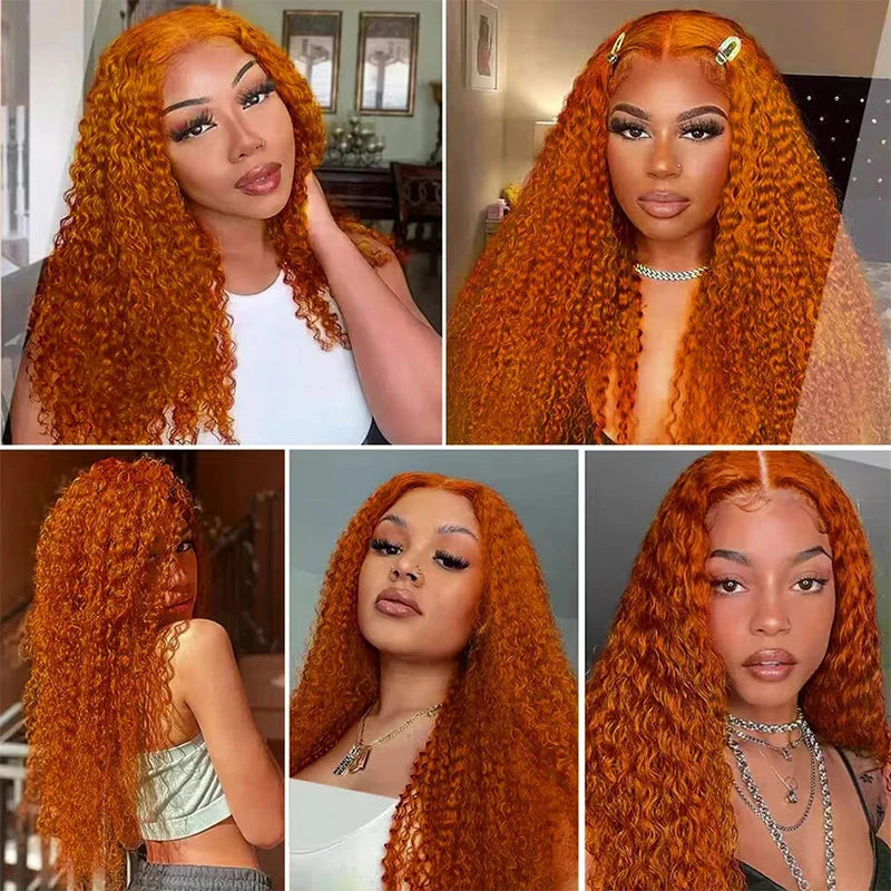 SHOWLU FASHION STORE ginger orange water wave lace front human hair wig, 13x6 lace frontal, natural textured hairstyle