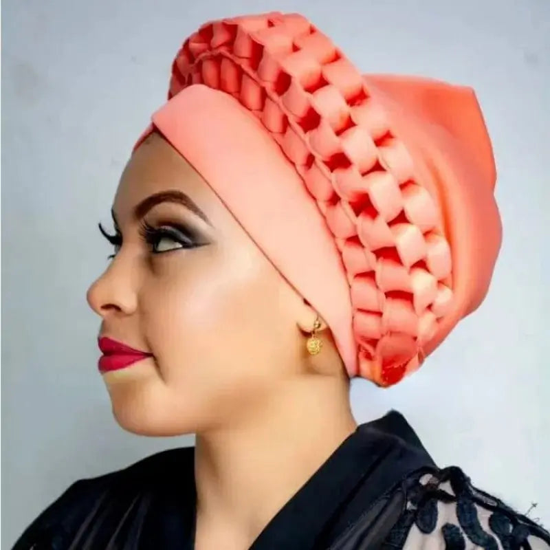 Showlu African auto gele headtie and turban cap, Nigerian wedding two-piece headwrap and hijab for women, made by Showlu Fashion Store.