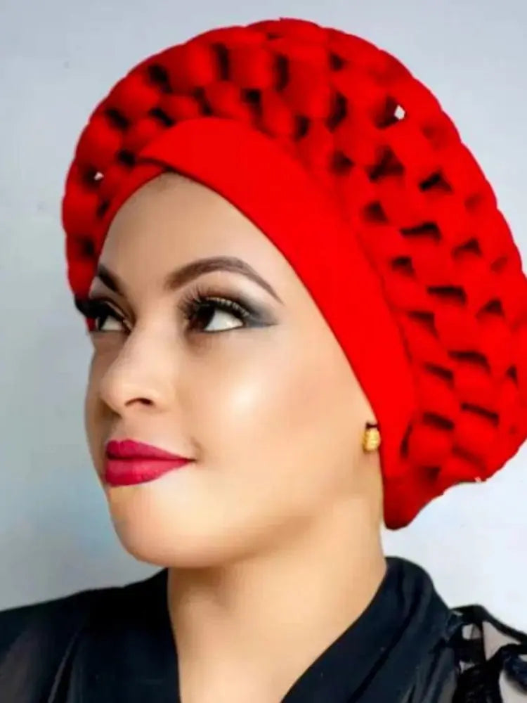 Showlu African auto gele headtie and turban cap set for Nigerian weddings, two-piece, beautifully styled for women.